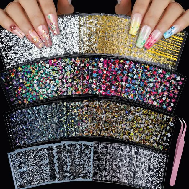 Main image of Teenitor 7 Styles Nail Stickers for Nail Art, 100 Sheets Nail Art Stickers for Kids Women, 3D Self Adhesive Flower Fingernail Stickers for Spring, Silver & Gold, Black & White Nail Decals for Nail Art