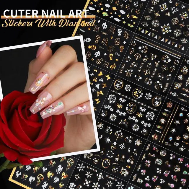 Alt view image 3 of 7 - Teenitor 7 Styles Nail Stickers for Nail Art, 100 Sheets Nail Art Stickers for Kids Women, 3D Self Adhesive Flower Fingernail Stickers for Spring, Silver & Gold, Black & White Nail Decals for Nail Art