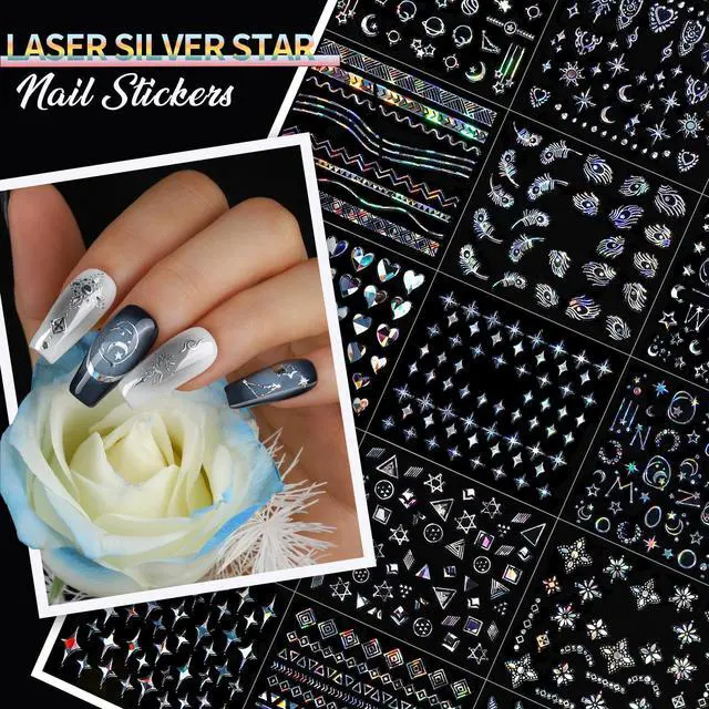 Alt view image 4 of 7 - Teenitor 7 Styles Nail Stickers for Nail Art, 100 Sheets Nail Art Stickers for Kids Women, 3D Self Adhesive Flower Fingernail Stickers for Spring, Silver & Gold, Black & White Nail Decals for Nail Art