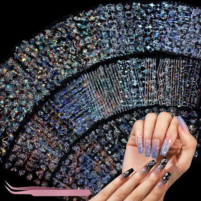 Main image of Teenitor 50 Sheets Aurora Nail Stickers for Nail Art, Star Nail Art Stickers for Kids Women, Laser Silver Nail Decals Fingernail Stickers for Holiday, Self-Adhesive Nail Decorations