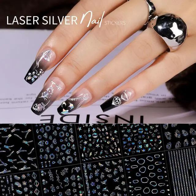 Alt view image 4 of 7 - Teenitor 50 Sheets Aurora Nail Stickers for Nail Art, Star Nail Art Stickers for Kids Women, Laser Silver Nail Decals Fingernail Stickers for Holiday, Self-Adhesive Nail Decorations