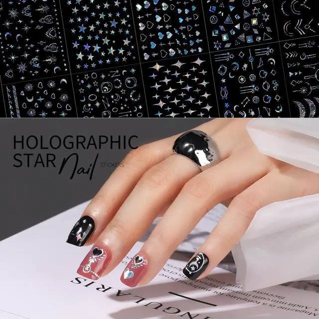 Alt view image 3 of 7 - Teenitor 50 Sheets Aurora Nail Stickers for Nail Art, Star Nail Art Stickers for Kids Women, Laser Silver Nail Decals Fingernail Stickers for Holiday, Self-Adhesive Nail Decorations