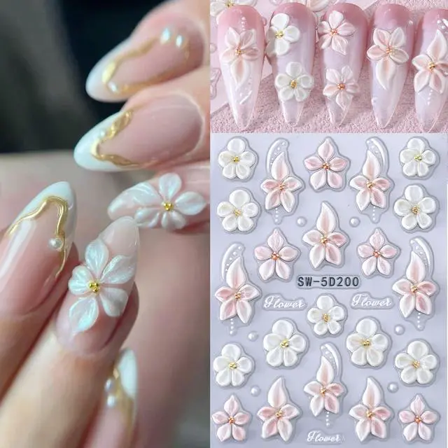 Alt view image 2 of 7 - Flower Nail Art Stickers Decals 6PCS 5D Embossed Hibiscus Nail Stickers Self Adhesive White Pink Hawaiian Floral Petals Summer Spring Flower Nail Art Decoration DIY Supplies for Women