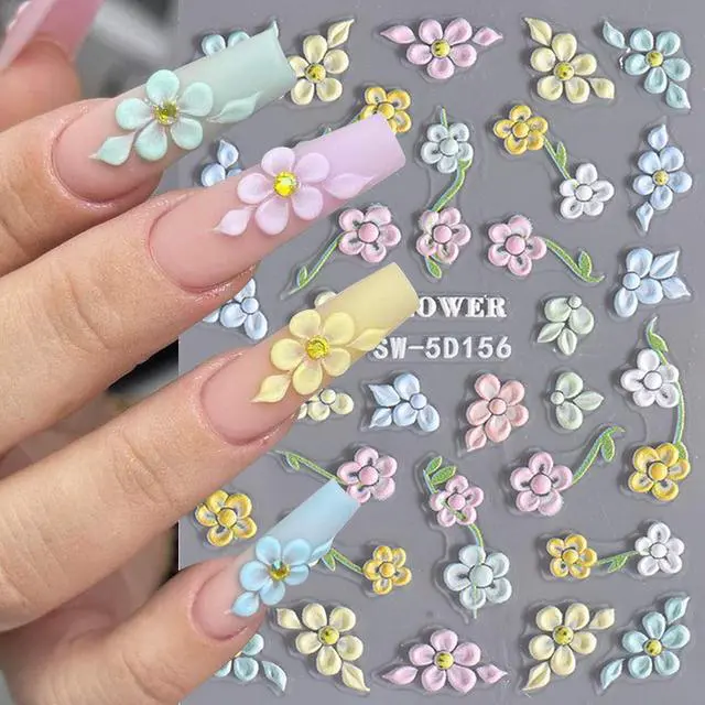 Alt view image 4 of 7 - Flower Nail Art Stickers Decals 6PCS 5D Embossed Hibiscus Nail Stickers Self Adhesive White Pink Hawaiian Floral Petals Summer Spring Flower Nail Art Decoration DIY Supplies for Women