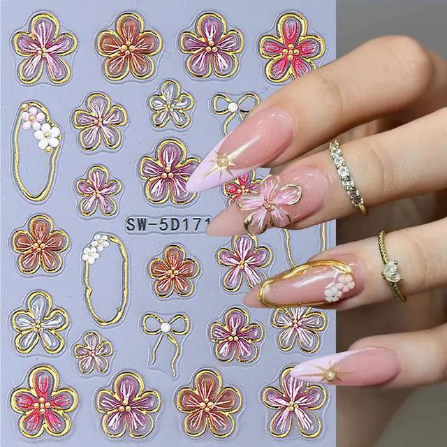 Alt view image 3 of 7 - Flower Nail Art Stickers Decals 6PCS 5D Embossed Hibiscus Nail Stickers Self Adhesive White Pink Hawaiian Floral Petals Summer Spring Flower Nail Art Decoration DIY Supplies for Women