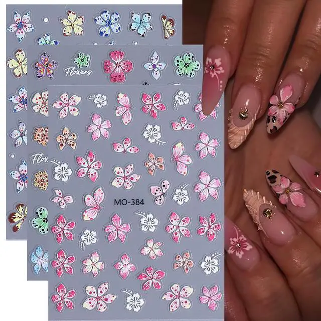 Alt view image 5 of 7 - Flower Nail Art Stickers Decals 6PCS 5D Embossed Hibiscus Nail Stickers Self Adhesive White Pink Hawaiian Floral Petals Summer Spring Flower Nail Art Decoration DIY Supplies for Women