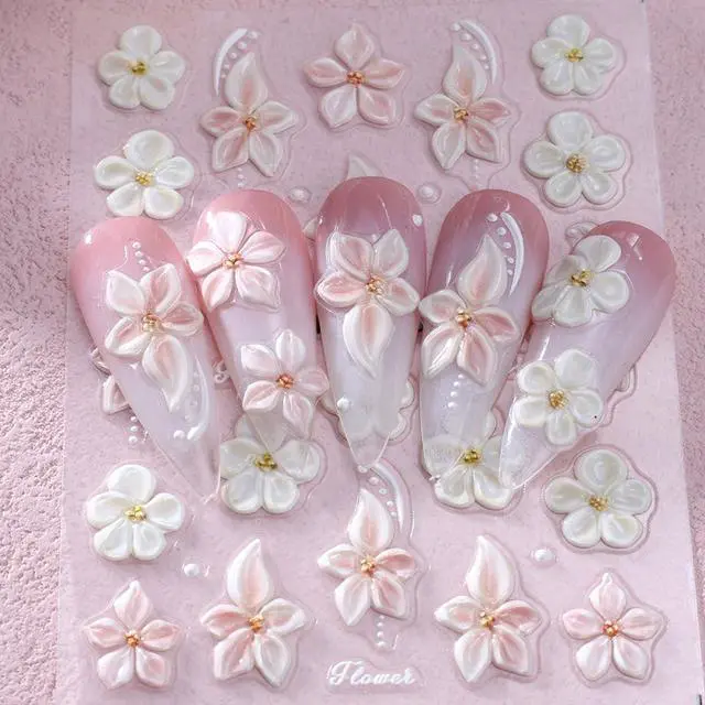 Alt view image 7 of 7 - Flower Nail Art Stickers Decals 6PCS 5D Embossed Hibiscus Nail Stickers Self Adhesive White Pink Hawaiian Floral Petals Summer Spring Flower Nail Art Decoration DIY Supplies for Women