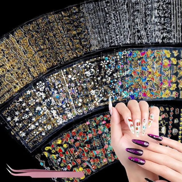 Main image of Teenitor 50 Sheets Nail Stickers for Kids, Cute Nail Decals for Girls Women, 3D Self Adhesive Gold Nail Stickers for Nail Art, Star Fruit Butterfly Silver Nail Art Deals for Holiday