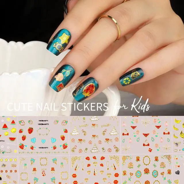 Alt view image 2 of 7 - Teenitor 50 Sheets Nail Stickers for Kids, Cute Nail Decals for Girls Women, 3D Self Adhesive Gold Nail Stickers for Nail Art, Star Fruit Butterfly Silver Nail Art Deals for Holiday