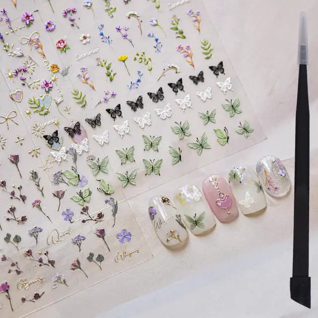Main image of Picksweet Flower Nail Stickers for Nail Art Decals Charms,5D Embossed Floral Butterfly and Heart Gem, Self-Adhesive 5 Styles Craft Nail Supplies 2 Sheets with Tweezers Kit for Women Decoration