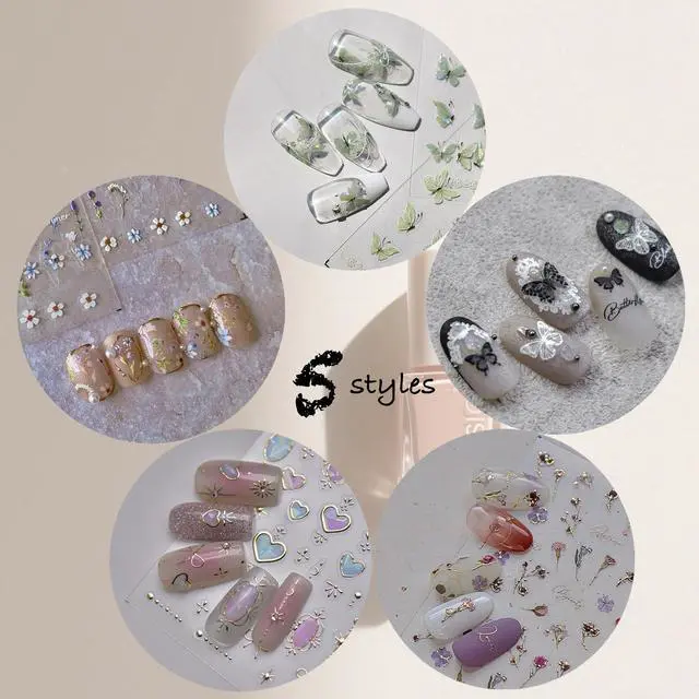 Alt view image 2 of 7 - Picksweet Flower Nail Stickers for Nail Art Decals Charms,5D Embossed Floral Butterfly and Heart Gem, Self-Adhesive 5 Styles Craft Nail Supplies 2 Sheets with Tweezers Kit for Women Decoration
