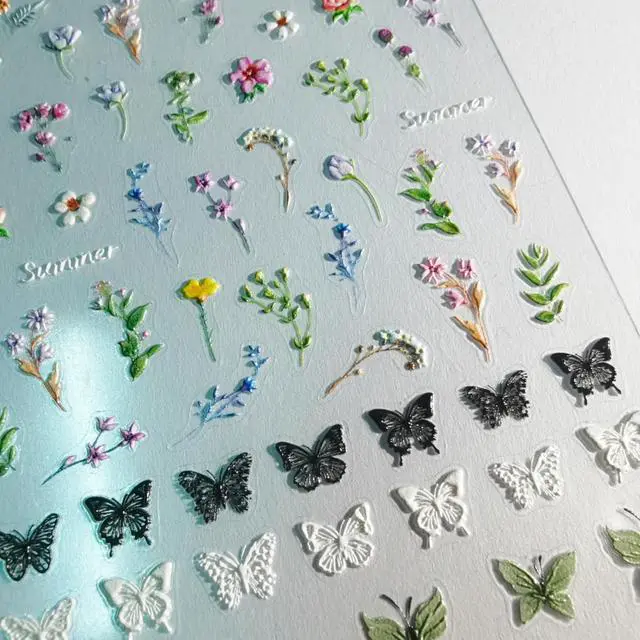 Alt view image 7 of 7 - Picksweet Flower Nail Stickers for Nail Art Decals Charms,5D Embossed Floral Butterfly and Heart Gem, Self-Adhesive 5 Styles Craft Nail Supplies 2 Sheets with Tweezers Kit for Women Decoration