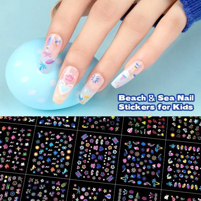 Alt view image 3 of 7 - Teenitor 50 Sheets Nail Stickers for Kids, 3D Cute Girls Nail Art Stickers, Heart Flower Butterfly Bow Nail Decals for Nail Art, Fingernail Stickers for Women, Self Adhesive Nail Decorations in Summer