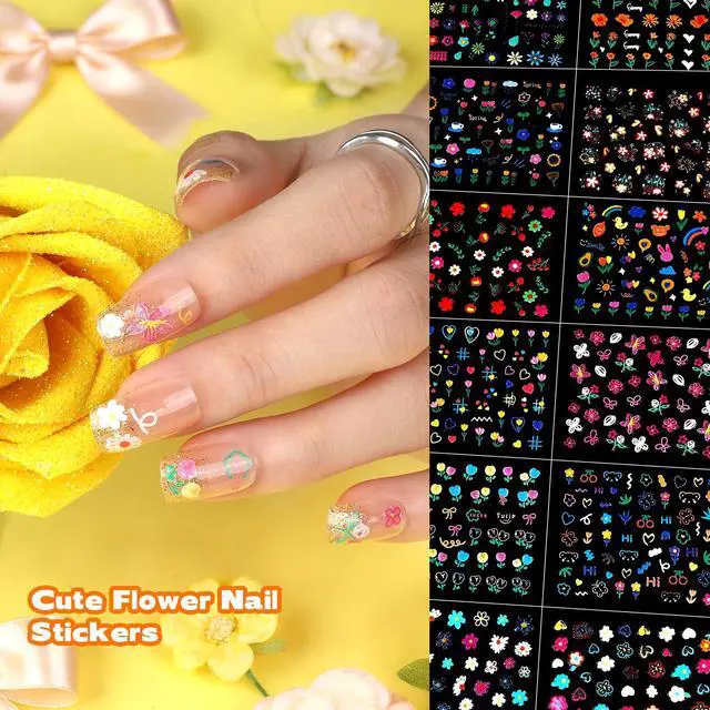 Alt view image 2 of 7 - Teenitor 50 Sheets Nail Stickers for Kids, 3D Cute Girls Nail Art Stickers, Heart Flower Butterfly Bow Nail Decals for Nail Art, Fingernail Stickers for Women, Self Adhesive Nail Decorations in Summer