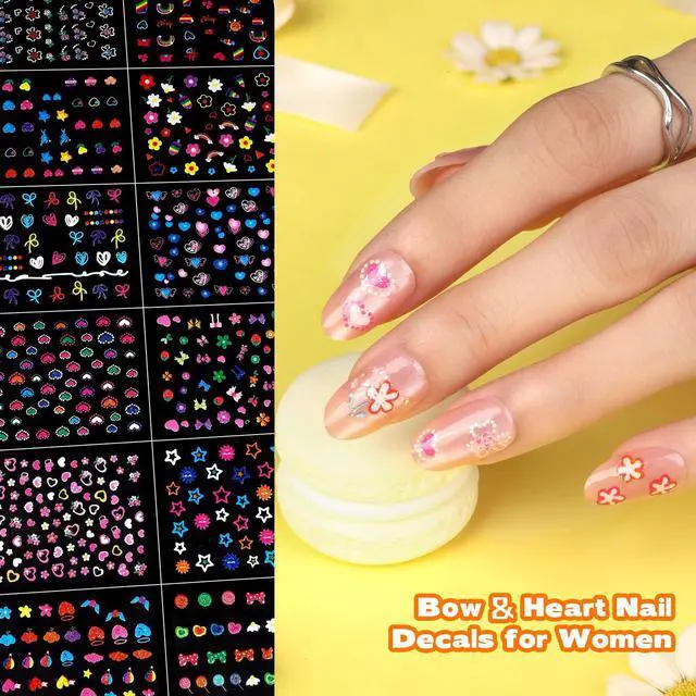 Alt view image 5 of 7 - Teenitor 50 Sheets Nail Stickers for Kids, 3D Cute Girls Nail Art Stickers, Heart Flower Butterfly Bow Nail Decals for Nail Art, Fingernail Stickers for Women, Self Adhesive Nail Decorations in Summer