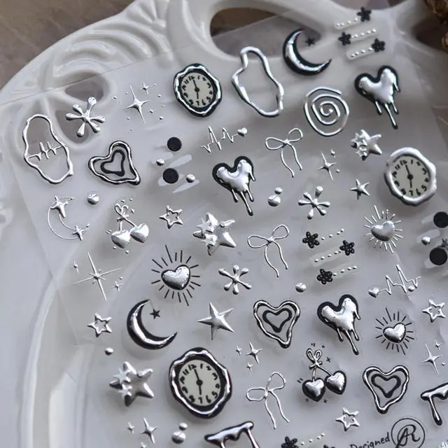 Main image of NBNTGH Silver Nail Art Stickers Heart Star Nail Decals with Metal Design 5D Embossed Self Adhesive Clock Nails Stickers Charms Supply for Women Manicure DIY Decorations