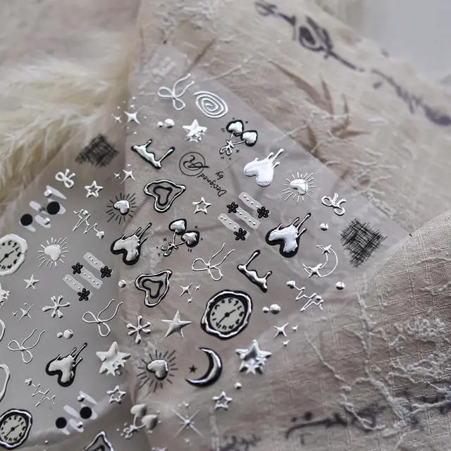 Alt view image 4 of 7 - NBNTGH Silver Nail Art Stickers Heart Star Nail Decals with Metal Design 5D Embossed Self Adhesive Clock Nails Stickers Charms Supply for Women Manicure DIY Decorations