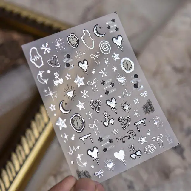 Alt view image 5 of 7 - NBNTGH Silver Nail Art Stickers Heart Star Nail Decals with Metal Design 5D Embossed Self Adhesive Clock Nails Stickers Charms Supply for Women Manicure DIY Decorations