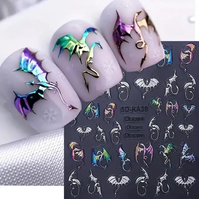 Main image of 2 Sheets 5D Embossed Nail Art Stickers, Silvery Colored Bat Flying Dragon Pattern Self-Adhesive Nail Decals, Halloween Nail Stickers DIY Nail Art Decoration, Suitable for Halloween Nail Supplies