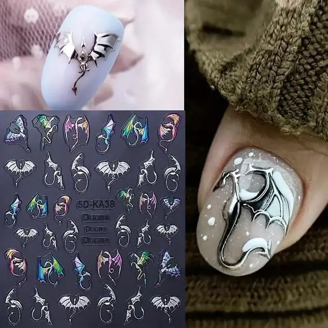 Alt view image 2 of 7 - 2 Sheets 5D Embossed Nail Art Stickers, Silvery Colored Bat Flying Dragon Pattern Self-Adhesive Nail Decals, Halloween Nail Stickers DIY Nail Art Decoration, Suitable for Halloween Nail Supplies
