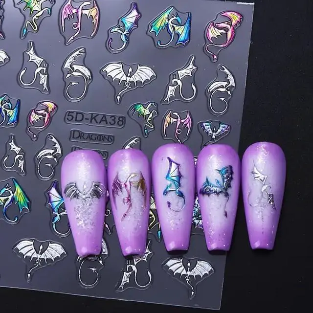 Alt view image 4 of 7 - 2 Sheets 5D Embossed Nail Art Stickers, Silvery Colored Bat Flying Dragon Pattern Self-Adhesive Nail Decals, Halloween Nail Stickers DIY Nail Art Decoration, Suitable for Halloween Nail Supplies