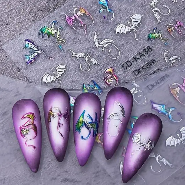 Alt view image 5 of 7 - 2 Sheets 5D Embossed Nail Art Stickers, Silvery Colored Bat Flying Dragon Pattern Self-Adhesive Nail Decals, Halloween Nail Stickers DIY Nail Art Decoration, Suitable for Halloween Nail Supplies