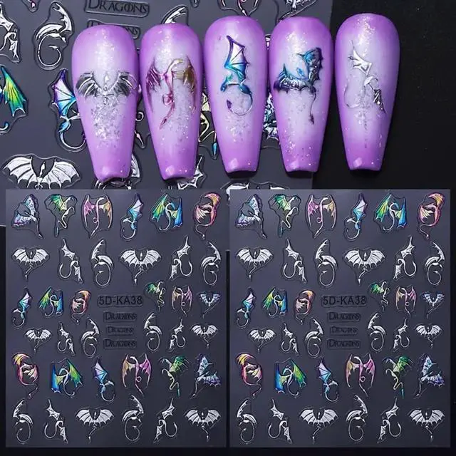 Alt view image 6 of 7 - 2 Sheets 5D Embossed Nail Art Stickers, Silvery Colored Bat Flying Dragon Pattern Self-Adhesive Nail Decals, Halloween Nail Stickers DIY Nail Art Decoration, Suitable for Halloween Nail Supplies