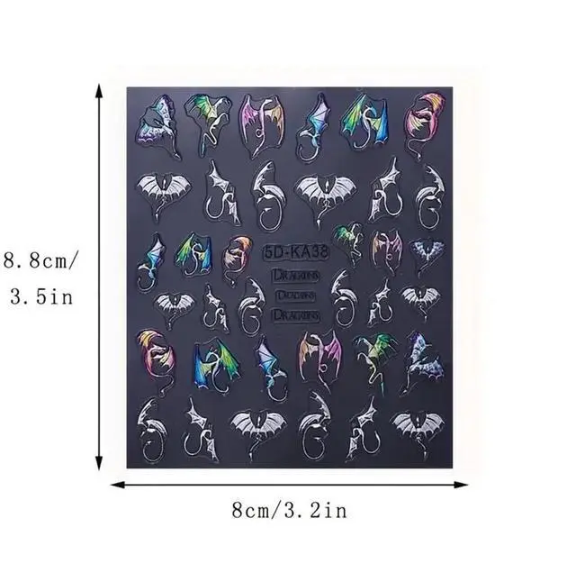 Alt view image 7 of 7 - 2 Sheets 5D Embossed Nail Art Stickers, Silvery Colored Bat Flying Dragon Pattern Self-Adhesive Nail Decals, Halloween Nail Stickers DIY Nail Art Decoration, Suitable for Halloween Nail Supplies