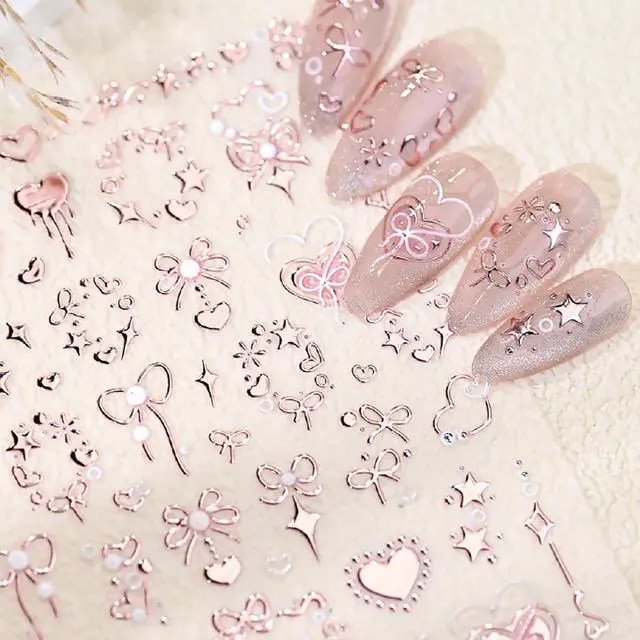 Main image of Valentine's 5D Embossed Nail Art Stickers - Romantic Rose Gold & Pink Nail Decals with Bronzing Bow Heart Designs