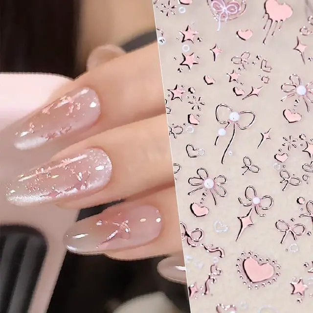 Alt view image 2 of 7 - Valentine's 5D Embossed Nail Art Stickers - Romantic Rose Gold & Pink Nail Decals with Bronzing Bow Heart Designs