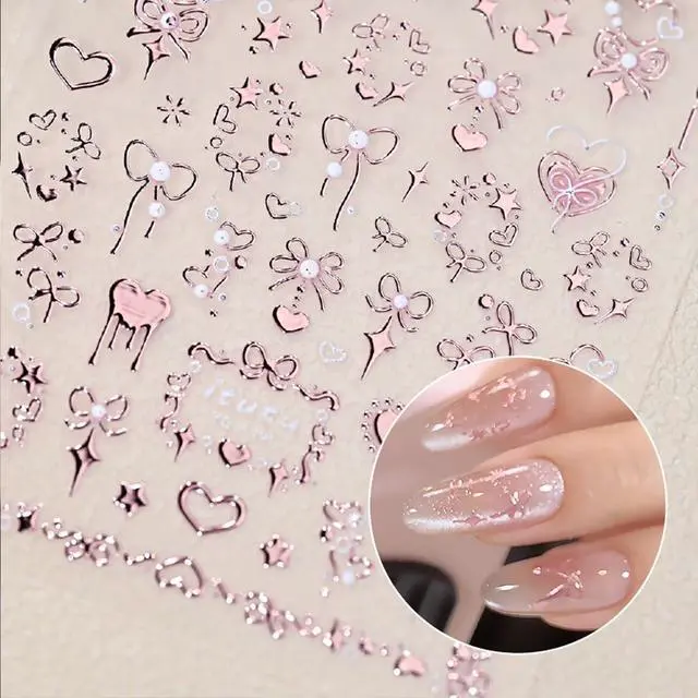 Alt view image 3 of 7 - Valentine's 5D Embossed Nail Art Stickers - Romantic Rose Gold & Pink Nail Decals with Bronzing Bow Heart Designs
