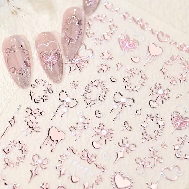 Alt view image 4 of 7 - Valentine's 5D Embossed Nail Art Stickers - Romantic Rose Gold & Pink Nail Decals with Bronzing Bow Heart Designs