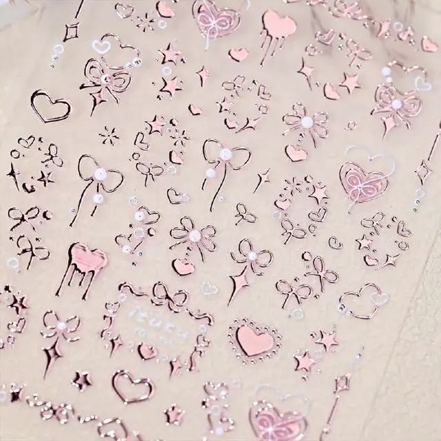 Alt view image 7 of 7 - Valentine's 5D Embossed Nail Art Stickers - Romantic Rose Gold & Pink Nail Decals with Bronzing Bow Heart Designs