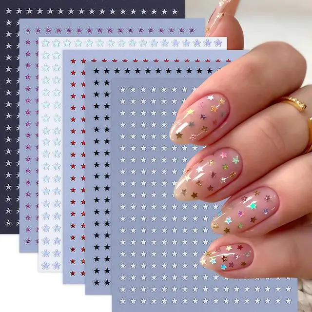 Main image of 6 Sheets Star Nail Stickers 3D Self-Adhesive Glitters Starlight Nail Art Stickers Shiny Stars Glitters Nail Decals Black White Red Purple Laser Silver Stars Gold Nails Design Nail Supplies for Women