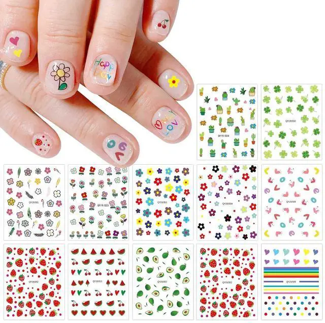 Main image of JMEOWIO 14 Sheets Cute Nail Stickers for Kids Nail Art Stickers Decals Self-Adhesive Pegatinas Uñas Rainbow Flower Fruit Nail Supplies Nail Art Design Decoration Accessories