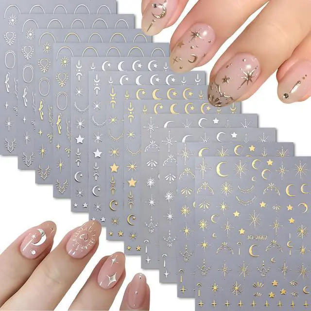 Main image of 12 Sheets Silver Gold Moon Star Nail Art Stickers - 3D Self Adhesive Decals for Design and Decoration - Supplies Accessories for Women