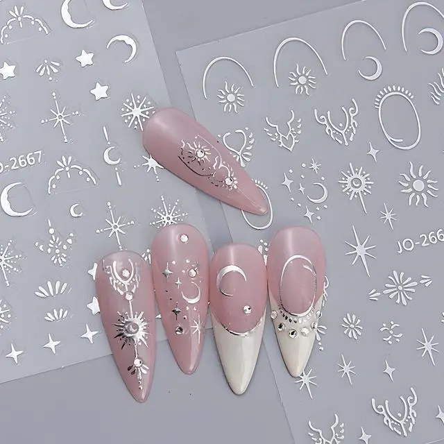 Alt view image 4 of 7 - 12 Sheets Silver Gold Moon Star Nail Art Stickers - 3D Self Adhesive Decals for Design and Decoration - Supplies Accessories for Women
