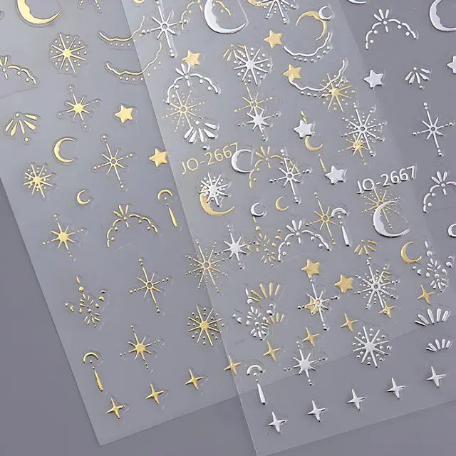 Alt view image 3 of 7 - 12 Sheets Silver Gold Moon Star Nail Art Stickers - 3D Self Adhesive Decals for Design and Decoration - Supplies Accessories for Women