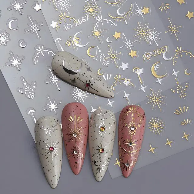 Alt view image 2 of 7 - 12 Sheets Silver Gold Moon Star Nail Art Stickers - 3D Self Adhesive Decals for Design and Decoration - Supplies Accessories for Women