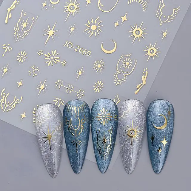 Alt view image 5 of 7 - 12 Sheets Silver Gold Moon Star Nail Art Stickers - 3D Self Adhesive Decals for Design and Decoration - Supplies Accessories for Women