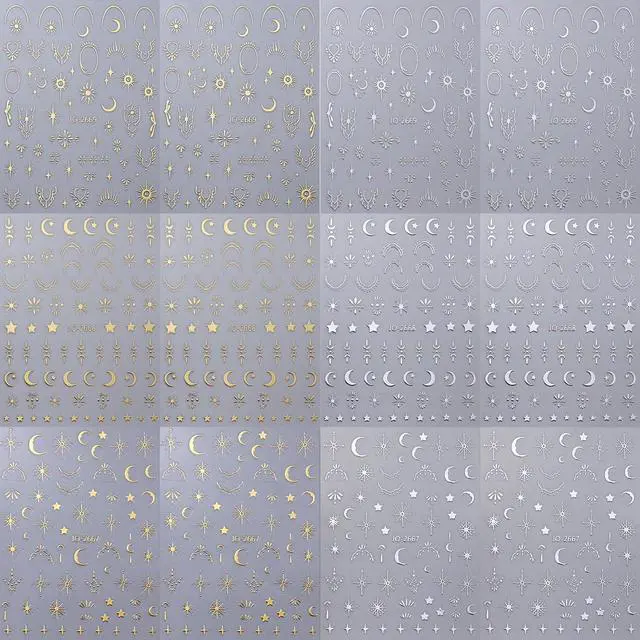 Alt view image 7 of 7 - 12 Sheets Silver Gold Moon Star Nail Art Stickers - 3D Self Adhesive Decals for Design and Decoration - Supplies Accessories for Women