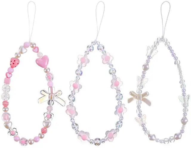 Main image of Gsbnjuy 3 Pcs Beaded Phone Wrist Straps Phone Camera Charm Cute Butterfly Bow Flower Lanyard Bracelet Aesthetic Lanyard Keychain Wristlet for Cellphone Bag Keychain Decor Accessories Valentine