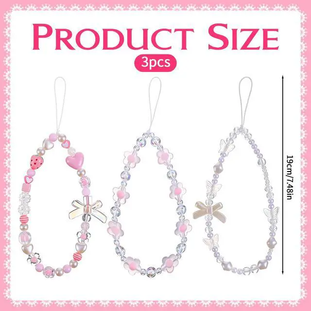 Alt view image 2 of 7 - Gsbnjuy 3 Pcs Beaded Phone Wrist Straps Phone Camera Charm Cute Butterfly Bow Flower Lanyard Bracelet Aesthetic Lanyard Keychain Wristlet for Cellphone Bag Keychain Decor Accessories Valentine