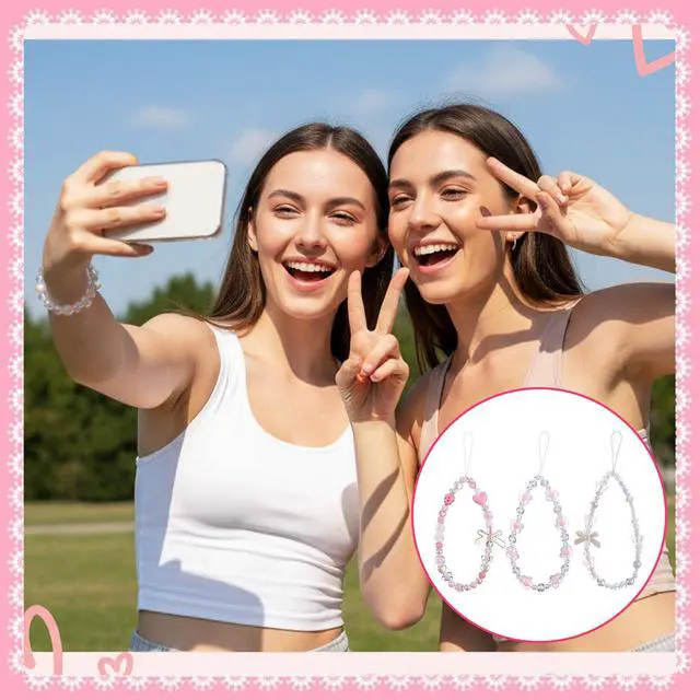 Alt view image 4 of 7 - Gsbnjuy 3 Pcs Beaded Phone Wrist Straps Phone Camera Charm Cute Butterfly Bow Flower Lanyard Bracelet Aesthetic Lanyard Keychain Wristlet for Cellphone Bag Keychain Decor Accessories Valentine