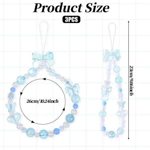 Alt view image 2 of 7 - Beaded Phone Charms Strap, 3 Pcs Camera Charm Strap Wristlet Keychain Butterfly Flower Heart Bow Lanyard Chain Cute Lanyard Wrist Straps Cellphone Charm for Phone Case, Wallet (Pink, Purple, Blue)