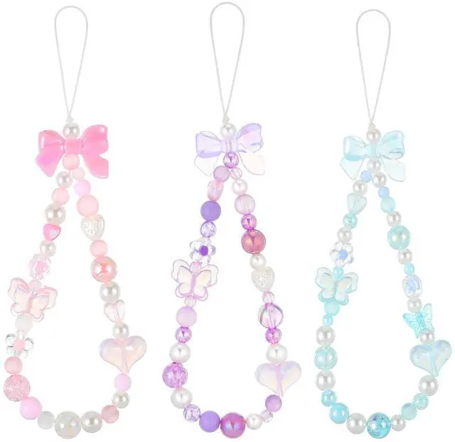 Main image of Beaded Phone Charms Strap, 3 Pcs Camera Charm Strap Wristlet Keychain Butterfly Flower Heart Bow Lanyard Chain Cute Lanyard Wrist Straps Cellphone Charm for Phone Case, Wallet (Pink, Purple, Blue)