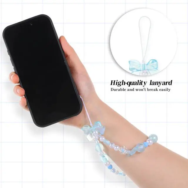 Alt view image 3 of 7 - Beaded Phone Charms Strap, 3 Pcs Camera Charm Strap Wristlet Keychain Butterfly Flower Heart Bow Lanyard Chain Cute Lanyard Wrist Straps Cellphone Charm for Phone Case, Wallet (Pink, Purple, Blue)