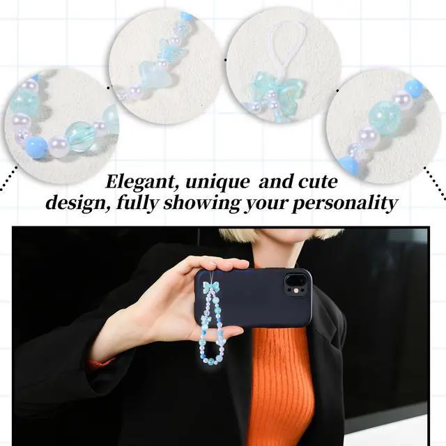 Alt view image 4 of 7 - Beaded Phone Charms Strap, 3 Pcs Camera Charm Strap Wristlet Keychain Butterfly Flower Heart Bow Lanyard Chain Cute Lanyard Wrist Straps Cellphone Charm for Phone Case, Wallet (Pink, Purple, Blue)