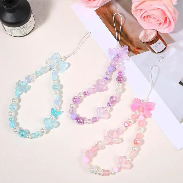 Alt view image 5 of 7 - Beaded Phone Charms Strap, 3 Pcs Camera Charm Strap Wristlet Keychain Butterfly Flower Heart Bow Lanyard Chain Cute Lanyard Wrist Straps Cellphone Charm for Phone Case, Wallet (Pink, Purple, Blue)