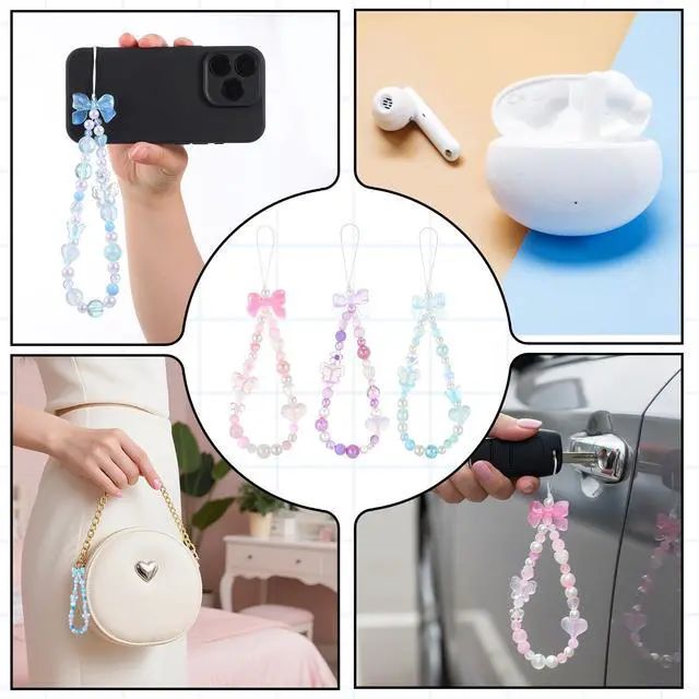 Alt view image 7 of 7 - Beaded Phone Charms Strap, 3 Pcs Camera Charm Strap Wristlet Keychain Butterfly Flower Heart Bow Lanyard Chain Cute Lanyard Wrist Straps Cellphone Charm for Phone Case, Wallet (Pink, Purple, Blue)
